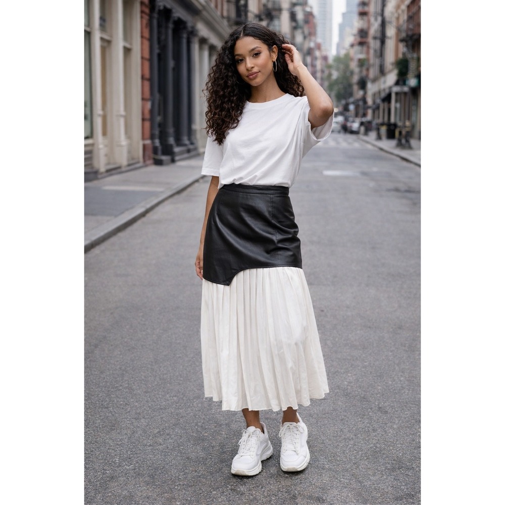 Commense‎ Asymmetric Patchwork Faux Leather Chiffon Pleated Midi Skirt size XS